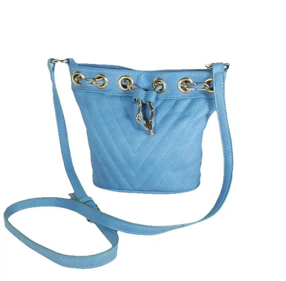 Free People Blue Faux Leather Gold Chain Drawstring Mini Bucket Bag Crossbody